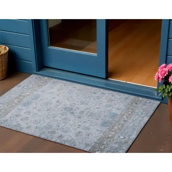 Sky Blue Gray And Ivory Tribal Washable Indoor Outdoor Area Rug Photo 1