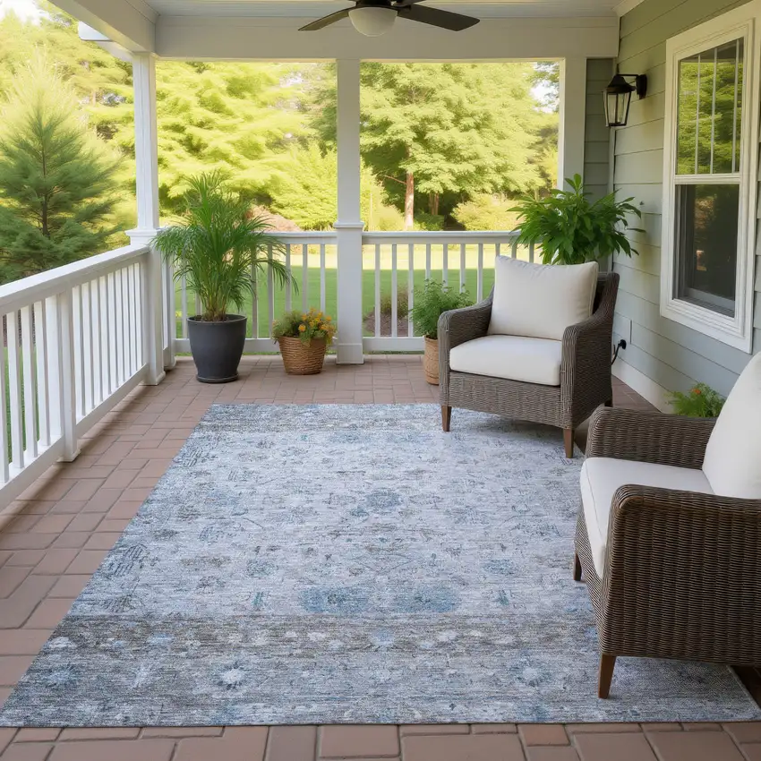 Sky Blue Gray And Ivory Tribal Washable Indoor Outdoor Area Rug Photo 9