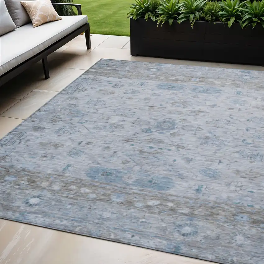Sky Blue Gray And Ivory Tribal Washable Indoor Outdoor Area Rug Photo 1