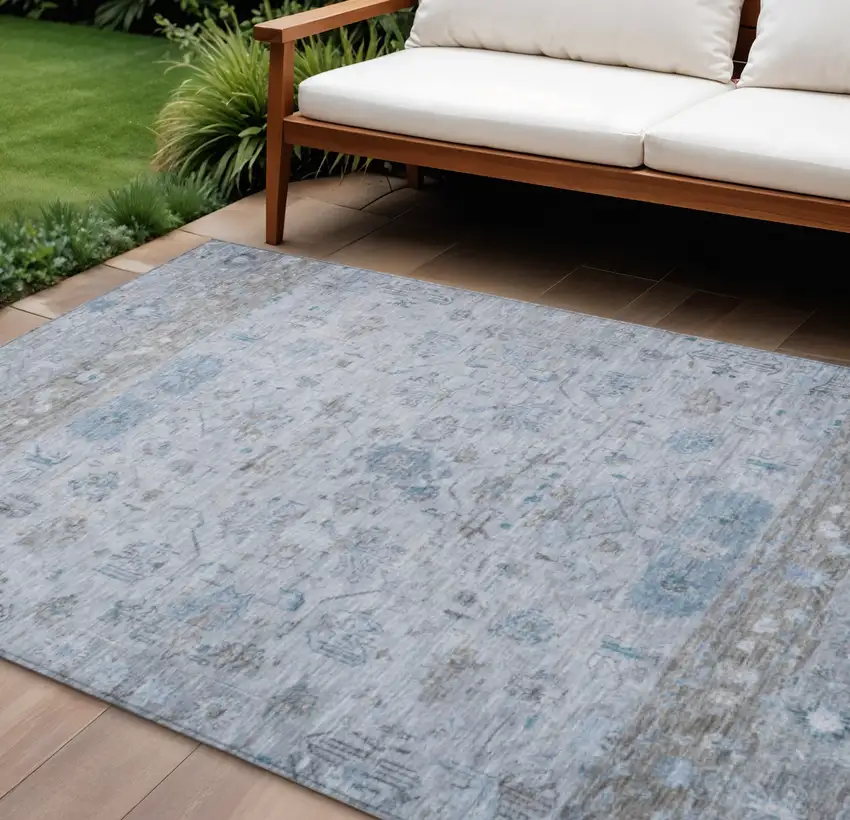 Sky Blue Gray And Ivory Tribal Washable Indoor Outdoor Area Rug Photo 1