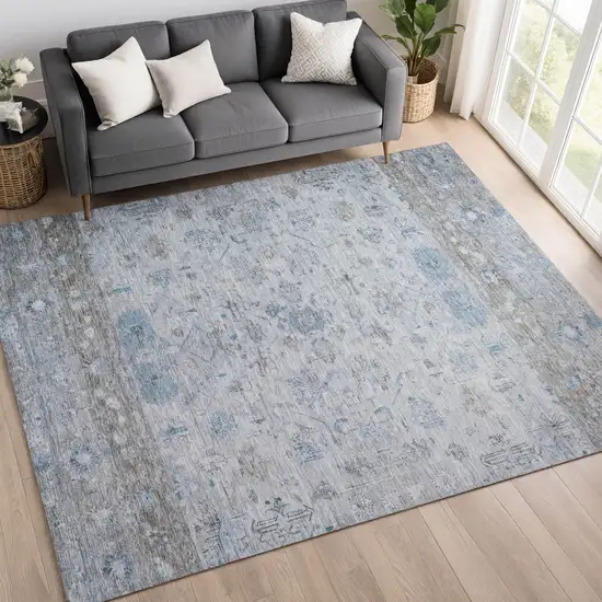 Sky Blue Gray And Ivory Tribal Washable Indoor Outdoor Area Rug Photo 8