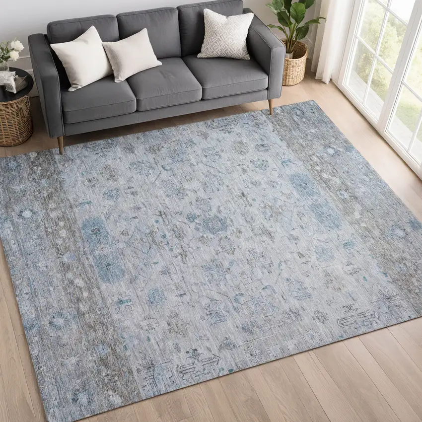 Sky Blue Gray And Ivory Tribal Washable Indoor Outdoor Area Rug Photo 9