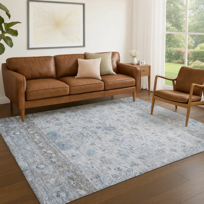 Sky Blue Gray And Ivory Tribal Washable Indoor Outdoor Area Rug Photo 8