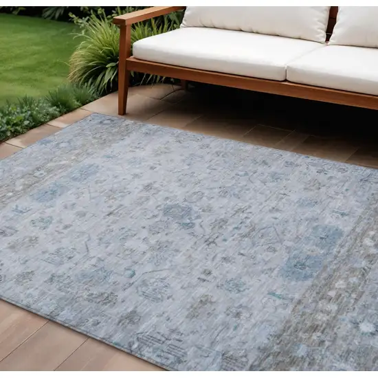 Sky Blue Gray And Ivory Tribal Washable Indoor Outdoor Area Rug Photo 1