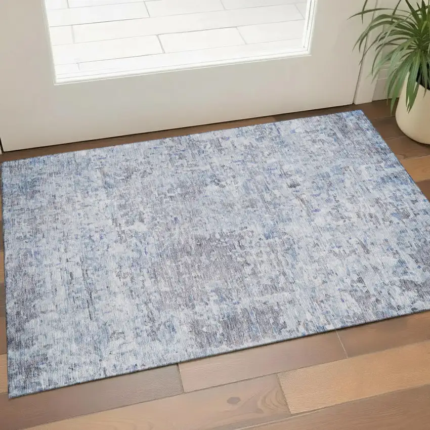 Sky Blue Gray And Silver Abstract Washable Area Rug With UV Protection Photo 1