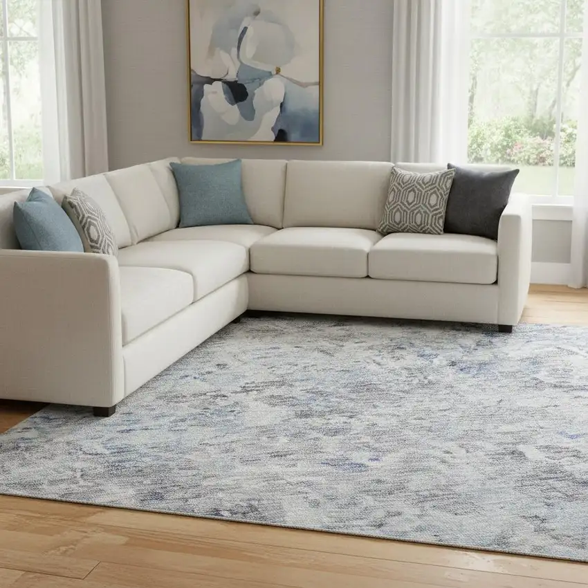 Sky Blue Gray And Silver Abstract Washable Area Rug With UV Protection Photo 2