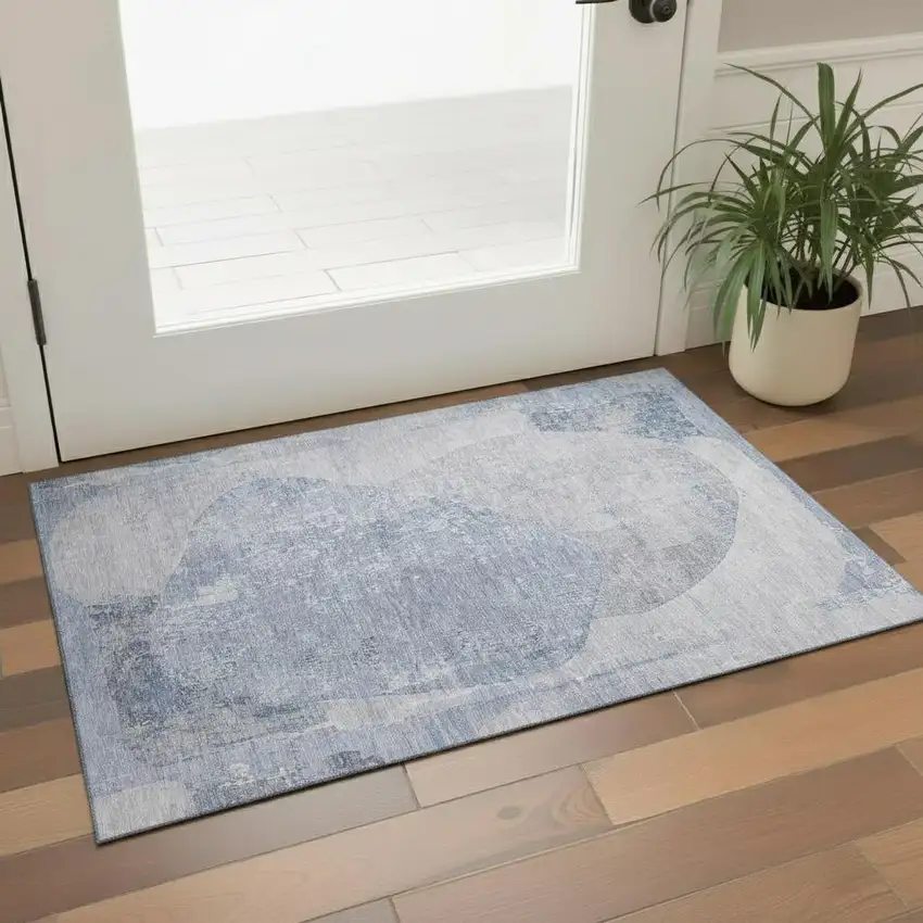 Sky Blue Gray And Silver Abstract Washable Area Rug With UV Protection Photo 2