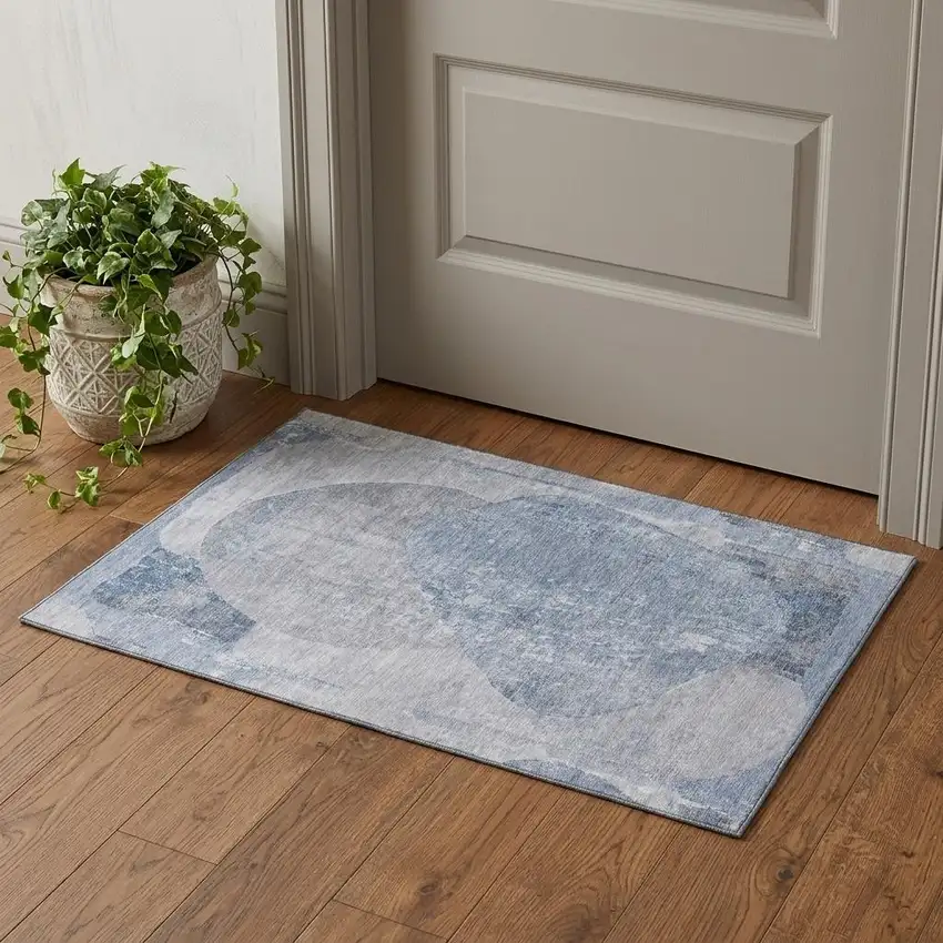 Sky Blue Gray And Silver Abstract Washable Area Rug With UV Protection Photo 1