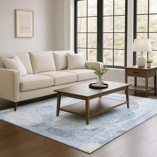 Sky Blue Gray And Silver Abstract Washable Area Rug With UV Protection Photo 4