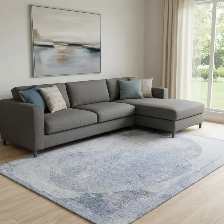 Sky Blue Gray And Silver Abstract Washable Area Rug With UV Protection Photo 2