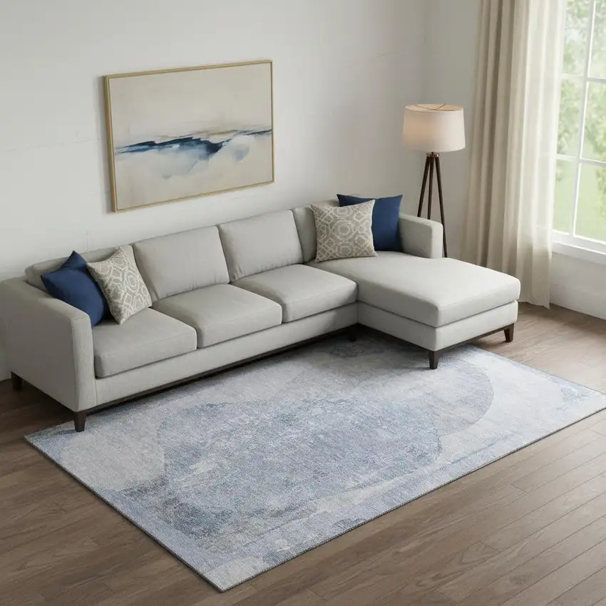 Sky Blue Gray And Silver Abstract Washable Area Rug With UV Protection Photo 2