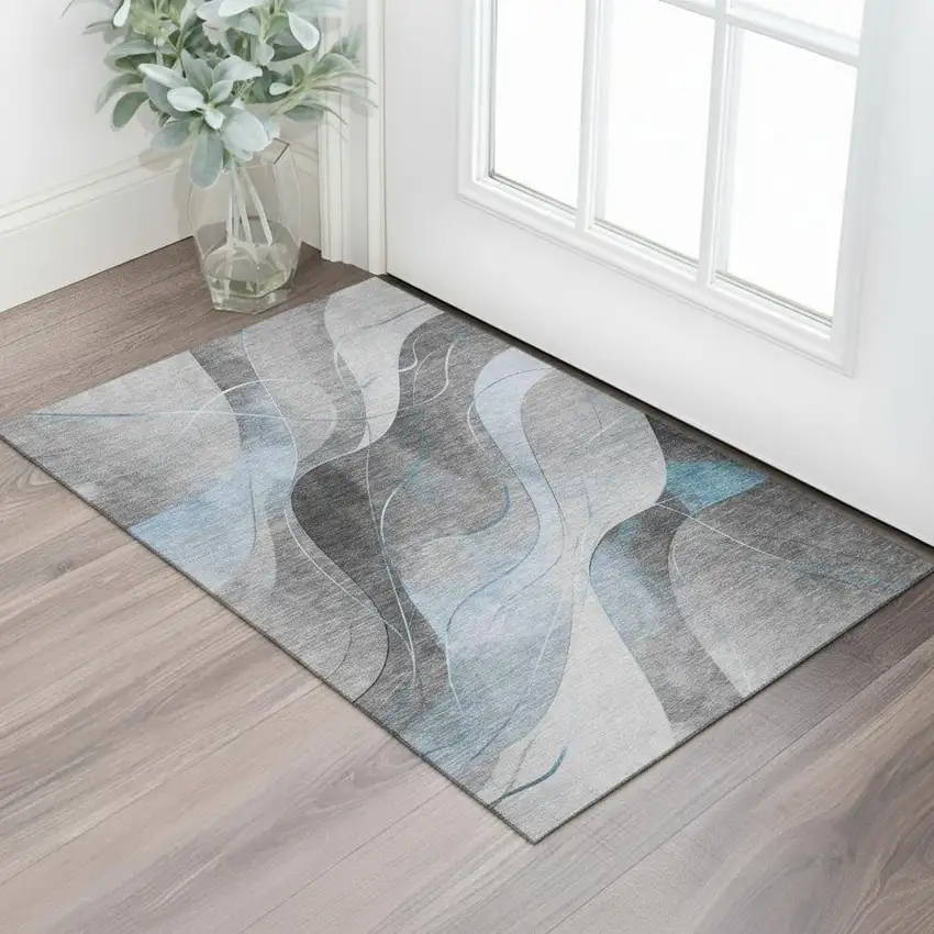 Sky Blue Gray And Silver Abstract Washable Area Rug With UV Protection Photo 2