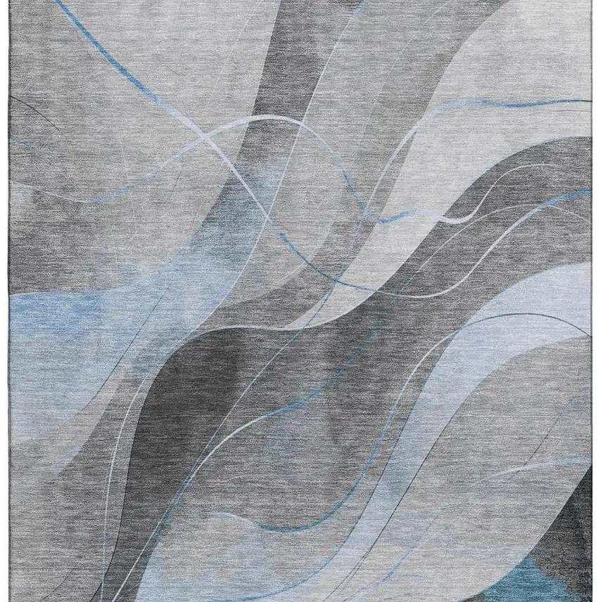 Sky Blue Gray And Silver Abstract Washable Area Rug With UV Protection Photo 3