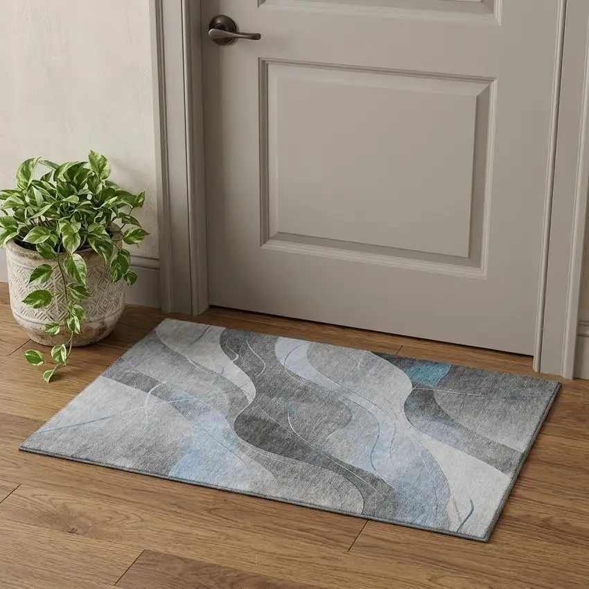 Sky Blue Gray And Silver Abstract Washable Area Rug With UV Protection Photo 1