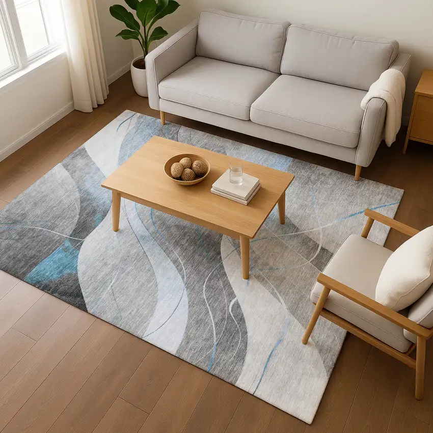 Sky Blue Gray And Silver Abstract Washable Area Rug With UV Protection Photo 5