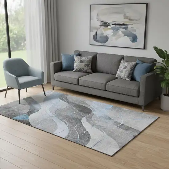 Sky Blue Gray And Silver Abstract Washable Area Rug With UV Protection Photo 2