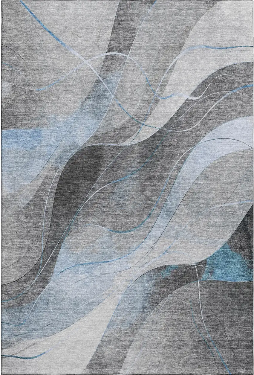 Sky Blue Gray And Silver Abstract Washable Area Rug With UV Protection Photo 1