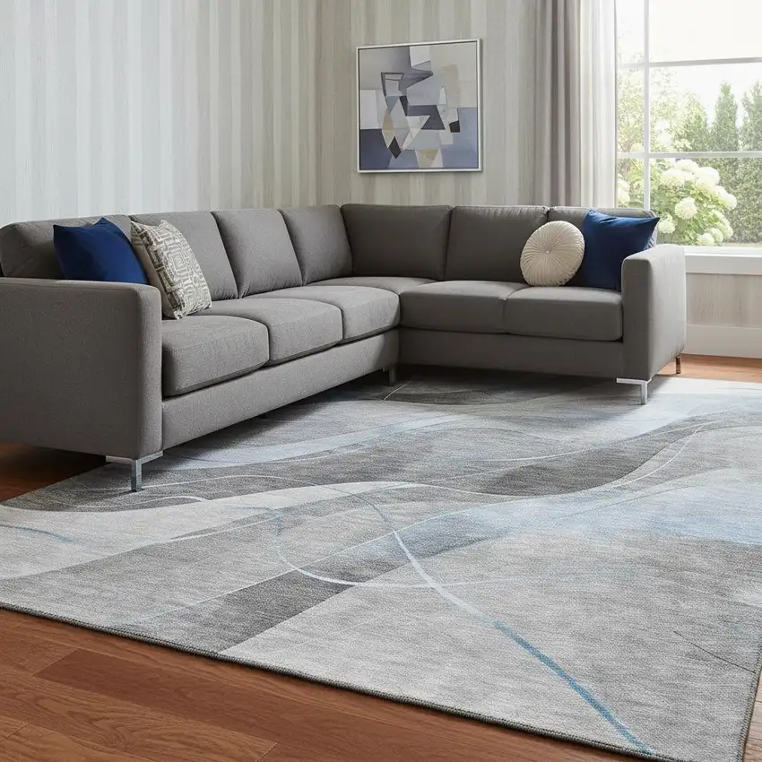 Sky Blue Gray And Silver Abstract Washable Area Rug With UV Protection Photo 2