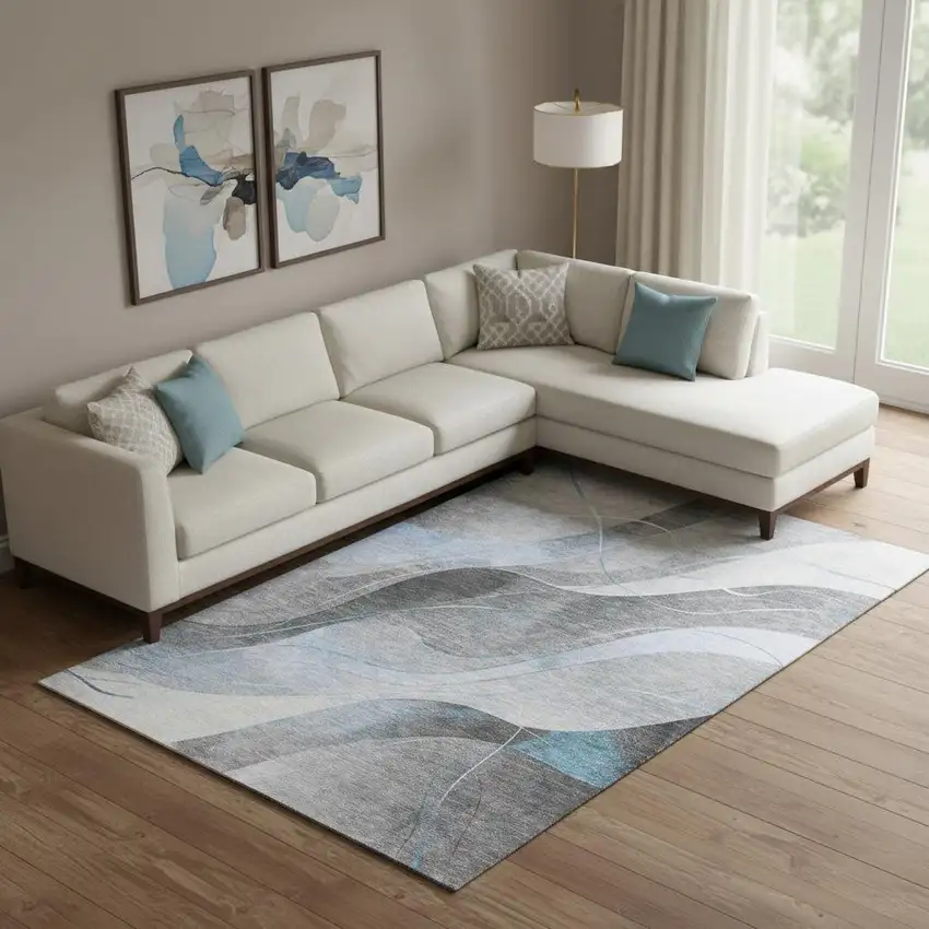 Sky Blue Gray And Silver Abstract Washable Area Rug With UV Protection Photo 2