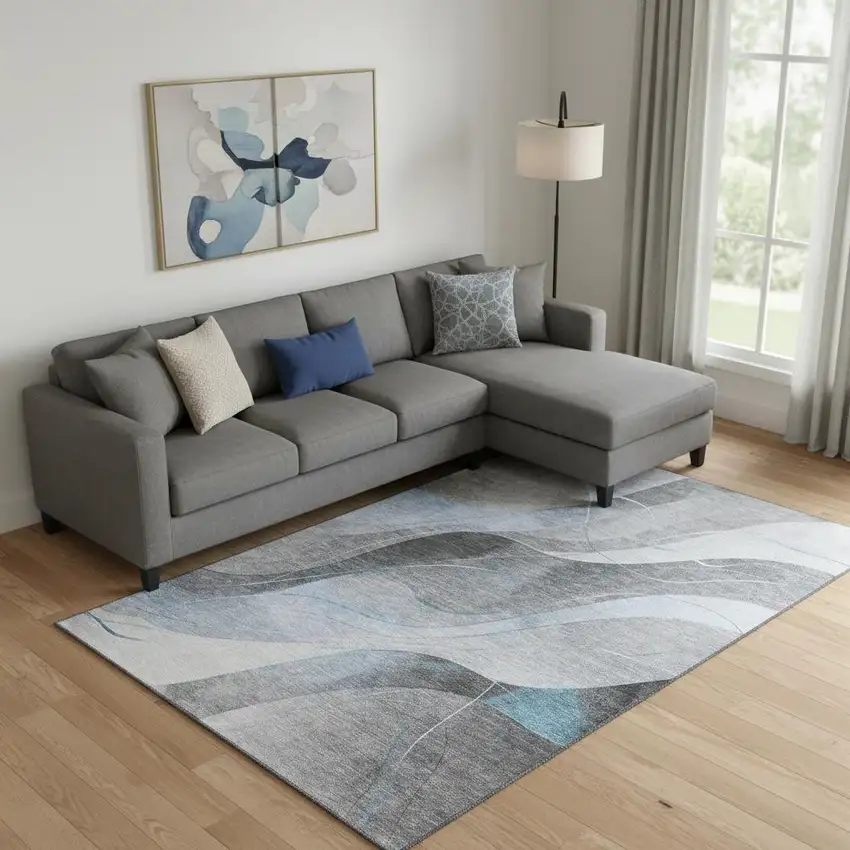 Sky Blue Gray And Silver Abstract Washable Area Rug With UV Protection Photo 2