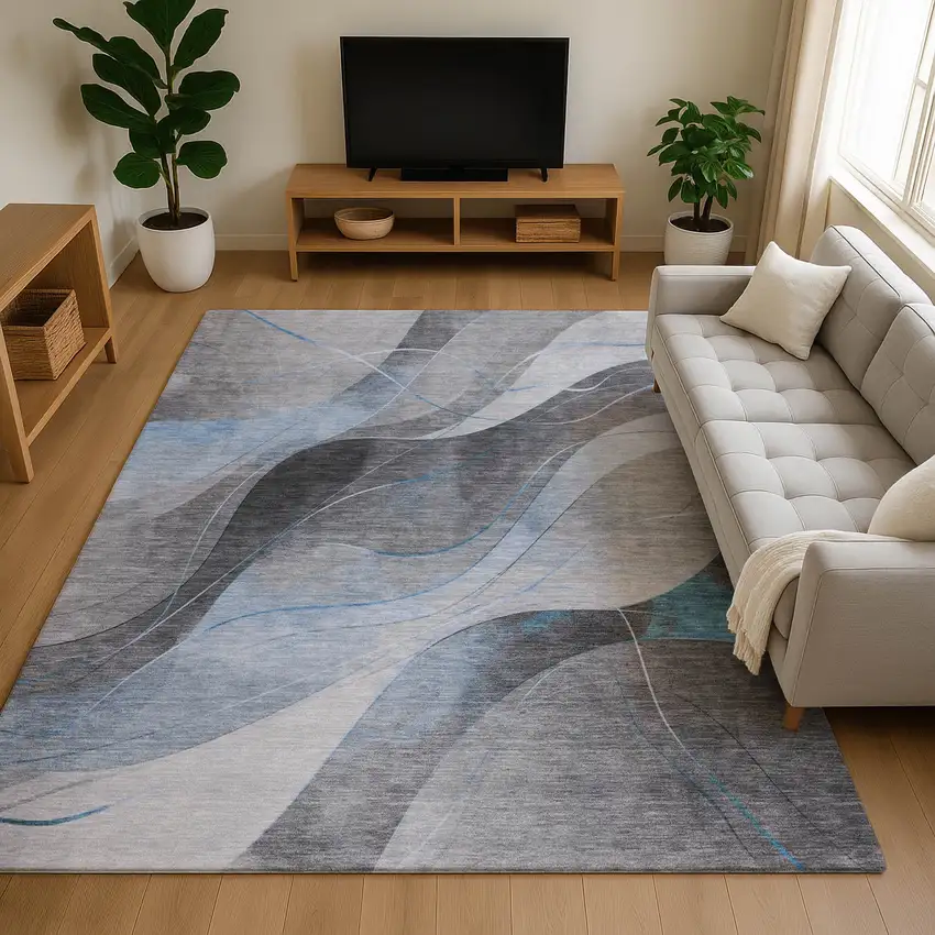 Sky Blue Gray And Silver Abstract Washable Area Rug With UV Protection Photo 4