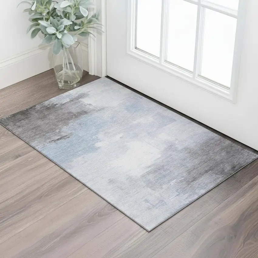 Sky Blue Gray And Silver Abstract Washable Area Rug With UV Protection Photo 2