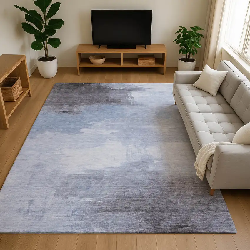 Sky Blue Gray And Silver Abstract Washable Area Rug With UV Protection Photo 4