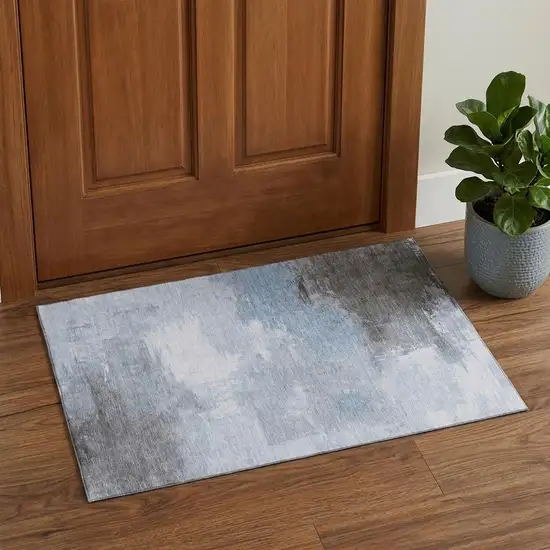 Sky Blue Gray And Silver Abstract Washable Area Rug With UV Protection Photo 1