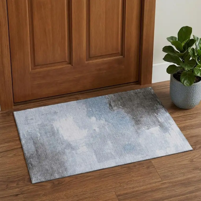 Sky Blue Gray And Silver Abstract Washable Area Rug With UV Protection Photo 1