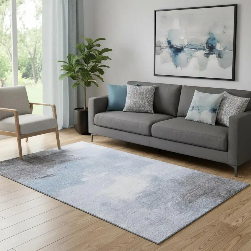 Sky Blue Gray And Silver Abstract Washable Area Rug With UV Protection Photo 2