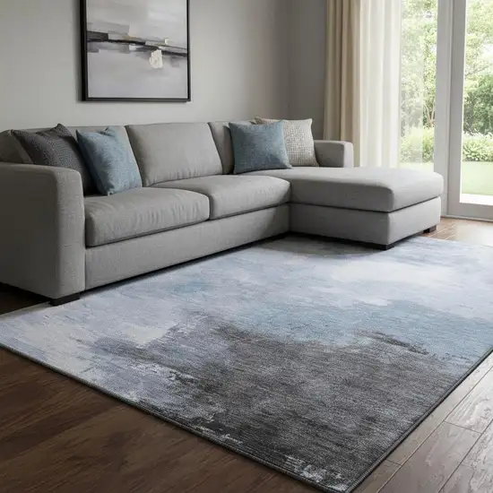 Sky Blue Gray And Silver Abstract Washable Area Rug With UV Protection Photo 2
