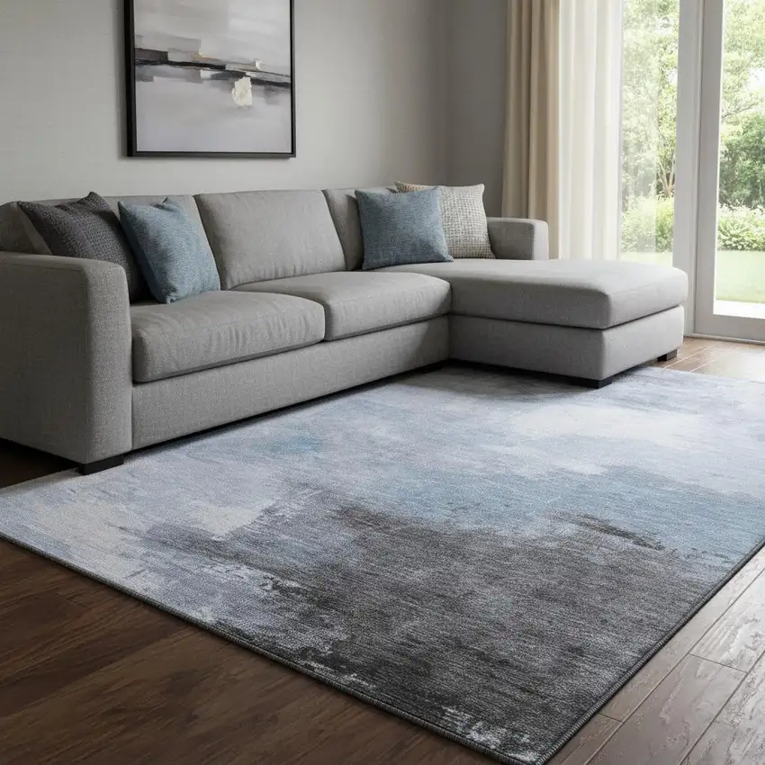 Sky Blue Gray And Silver Abstract Washable Area Rug With UV Protection Photo 2