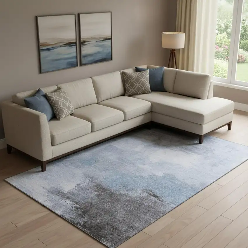 Sky Blue Gray And Silver Abstract Washable Area Rug With UV Protection Photo 2