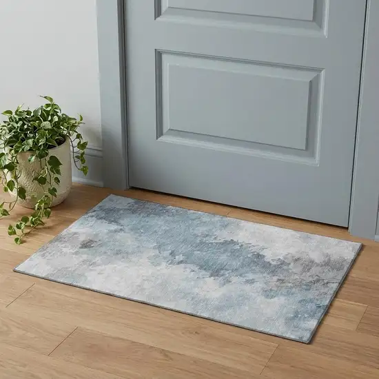 Sky Blue Gray And Silver Abstract Washable Area Rug With UV Protection Photo 1