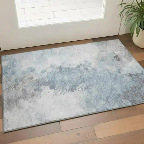Sky Blue Gray And Silver Abstract Washable Area Rug With UV Protection Photo 2