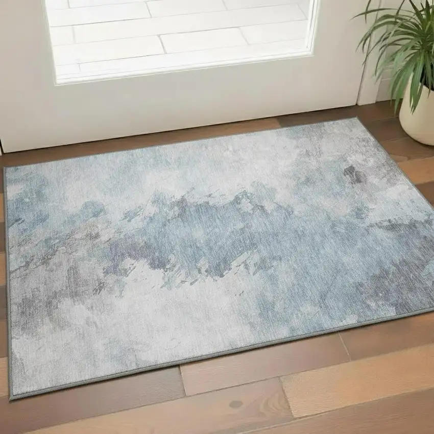 Sky Blue Gray And Silver Abstract Washable Area Rug With UV Protection Photo 2