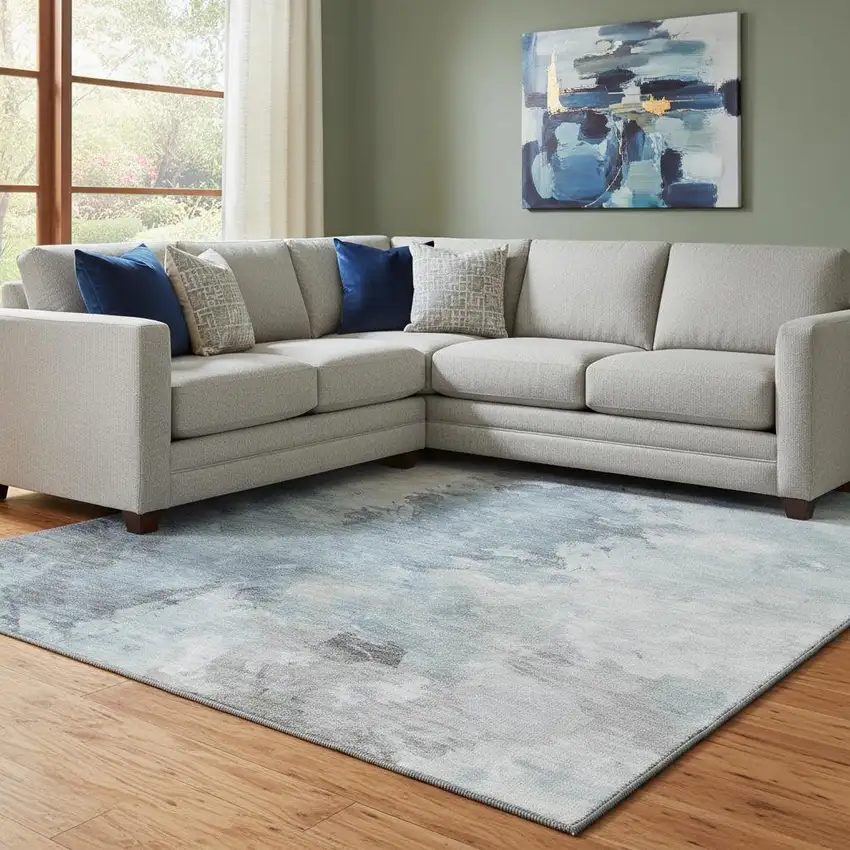 Sky Blue Gray And Silver Abstract Washable Area Rug With UV Protection Photo 2