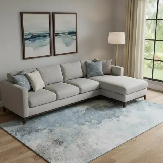 Sky Blue Gray And Silver Abstract Washable Area Rug With UV Protection Photo 2