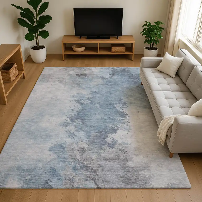 Sky Blue Gray And Silver Abstract Washable Area Rug With UV Protection Photo 4