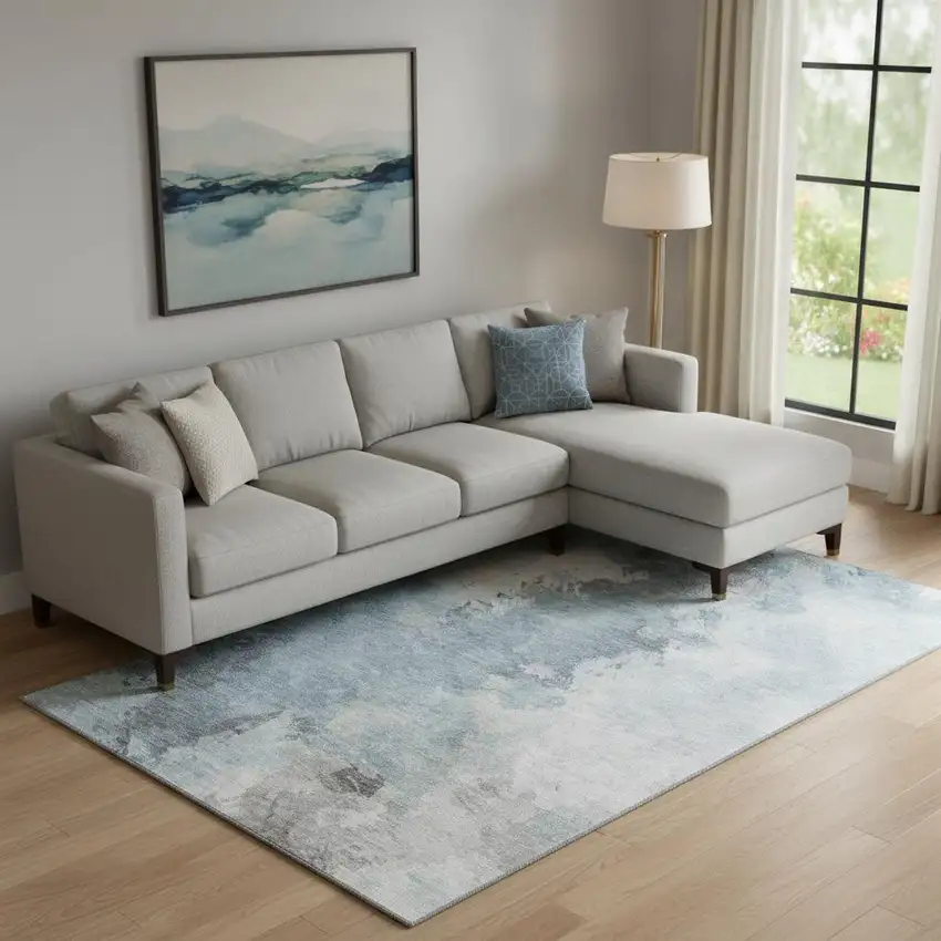 Sky Blue Gray And Silver Abstract Washable Area Rug With UV Protection Photo 2