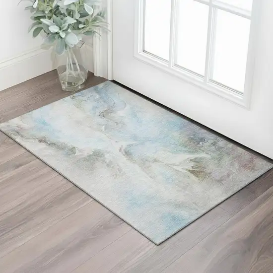 Sky Blue Gray And Silver Abstract Washable Area Rug With UV Protection Photo 2