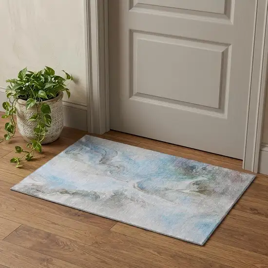 Sky Blue Gray And Silver Abstract Washable Area Rug With UV Protection Photo 1
