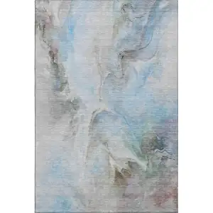 Photo of Sky Blue Gray And Silver Abstract Washable Area Rug With UV Protection