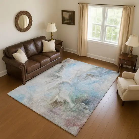 Sky Blue Gray And Silver Abstract Washable Area Rug With UV Protection Photo 3