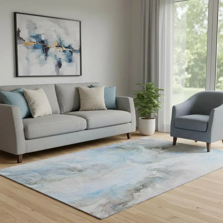 Sky Blue Gray And Silver Abstract Washable Area Rug With UV Protection Photo 2