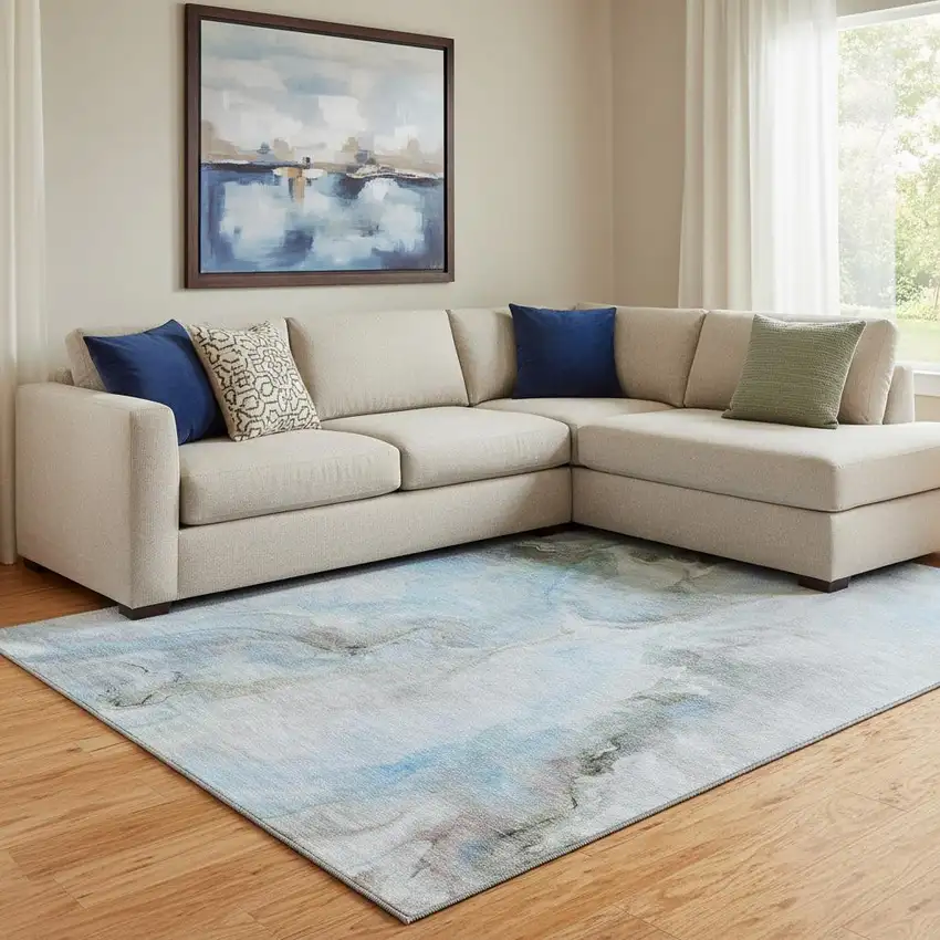 Sky Blue Gray And Silver Abstract Washable Area Rug With UV Protection Photo 2