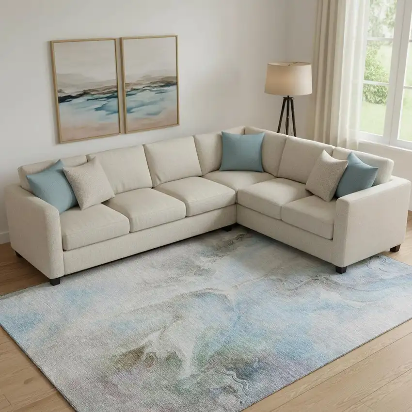 Sky Blue Gray And Silver Abstract Washable Area Rug With UV Protection Photo 2