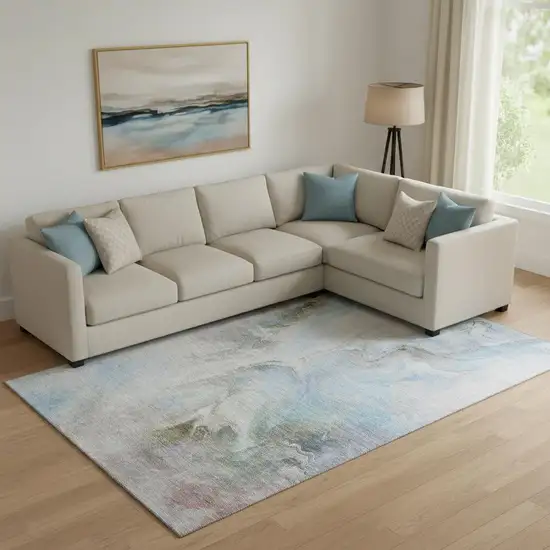 Sky Blue Gray And Silver Abstract Washable Area Rug With UV Protection Photo 2