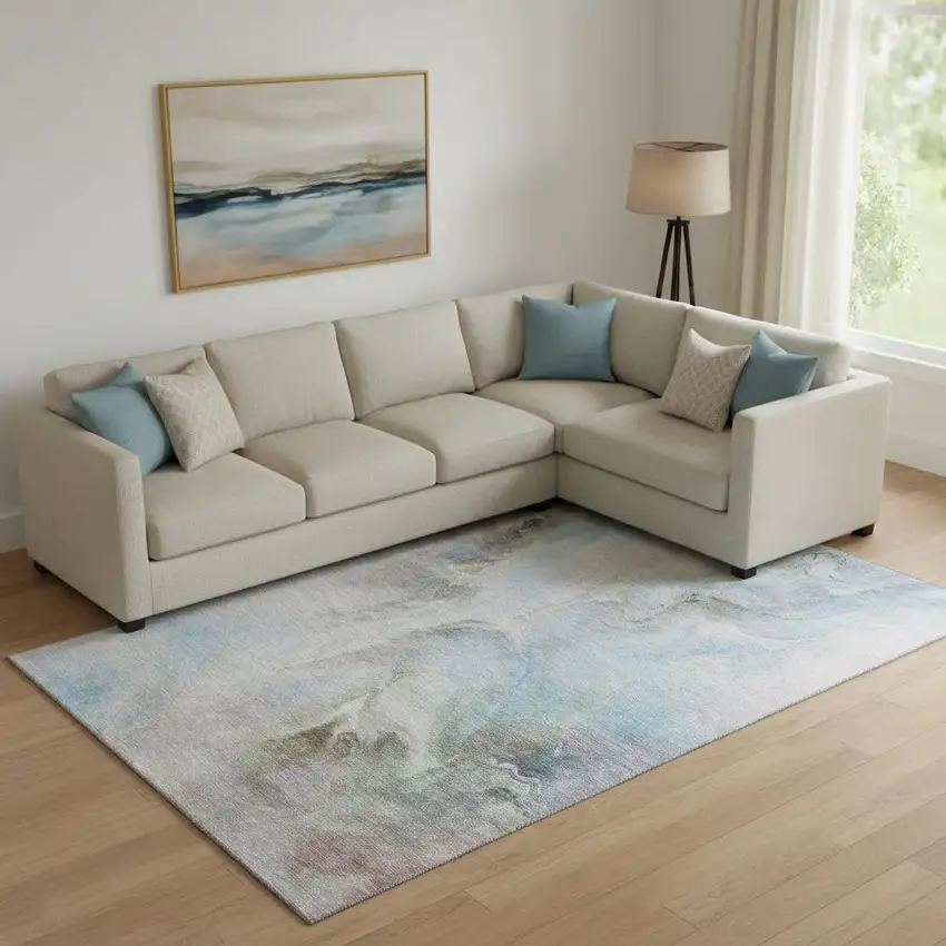 Sky Blue Gray And Silver Abstract Washable Area Rug With UV Protection Photo 2