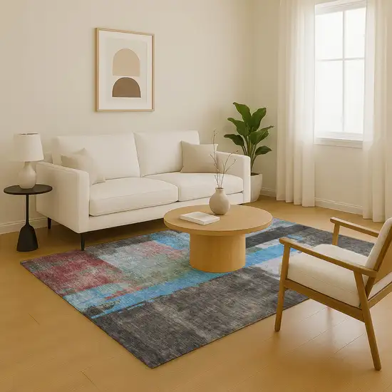 Sky Blue Gray And Silver Abstract Washable Area Rug With UV Protection Photo 1